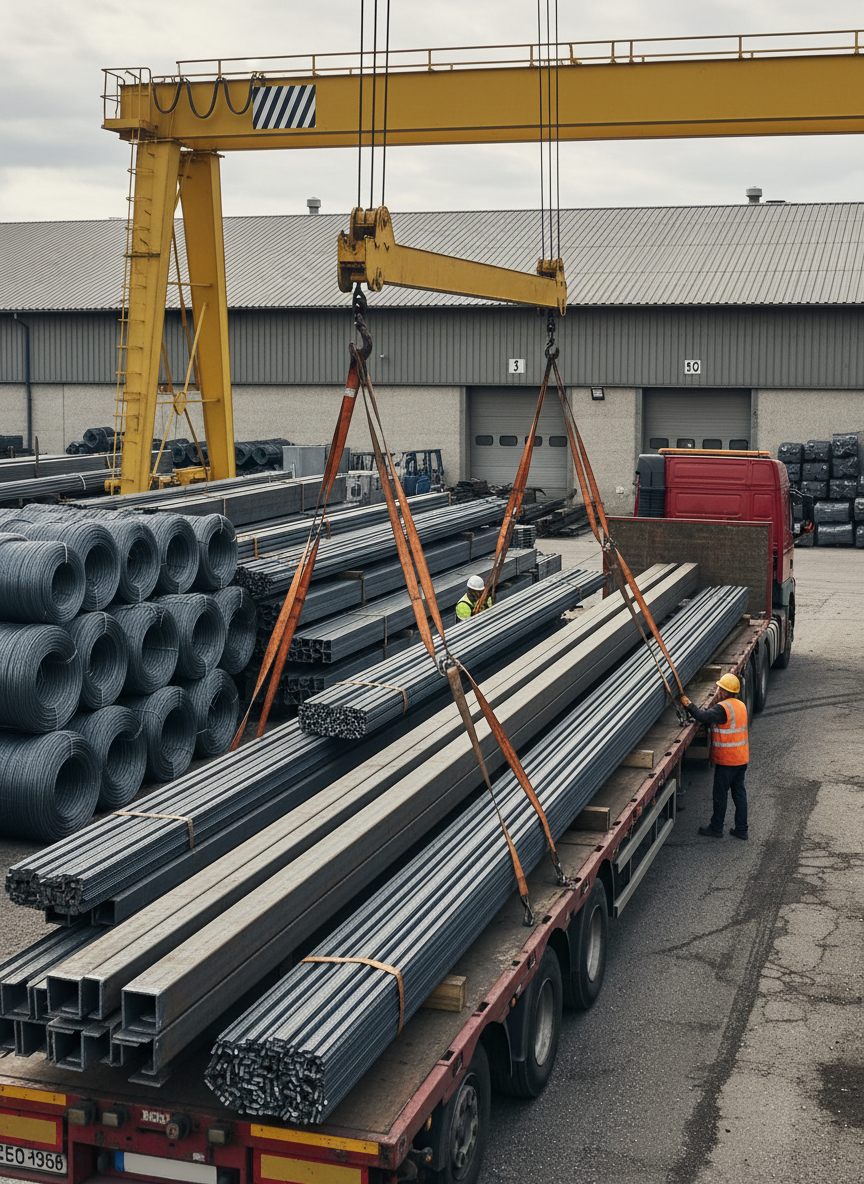 A powerful, photographic-realism shot of a flatbed industrial truck being loaded with long steel beams and corrugated bars in a distribution yard. Securely strapped bundles rest on the truck’s bed, their metallic surfaces reflecting the diffused light of an overcast day. In the background, organized stacks of tubes, meshes, and profiles line the yard, bordered by a functional warehouse structure. The perspective is taken from slightly behind and to the side of the truck at eye level, showcasing depth and the length of the cargo. Soft, even lighting minimizes harsh shadows, creating a calm but robust atmosphere that highlights safe, professional transport services in the siderurgy sector.