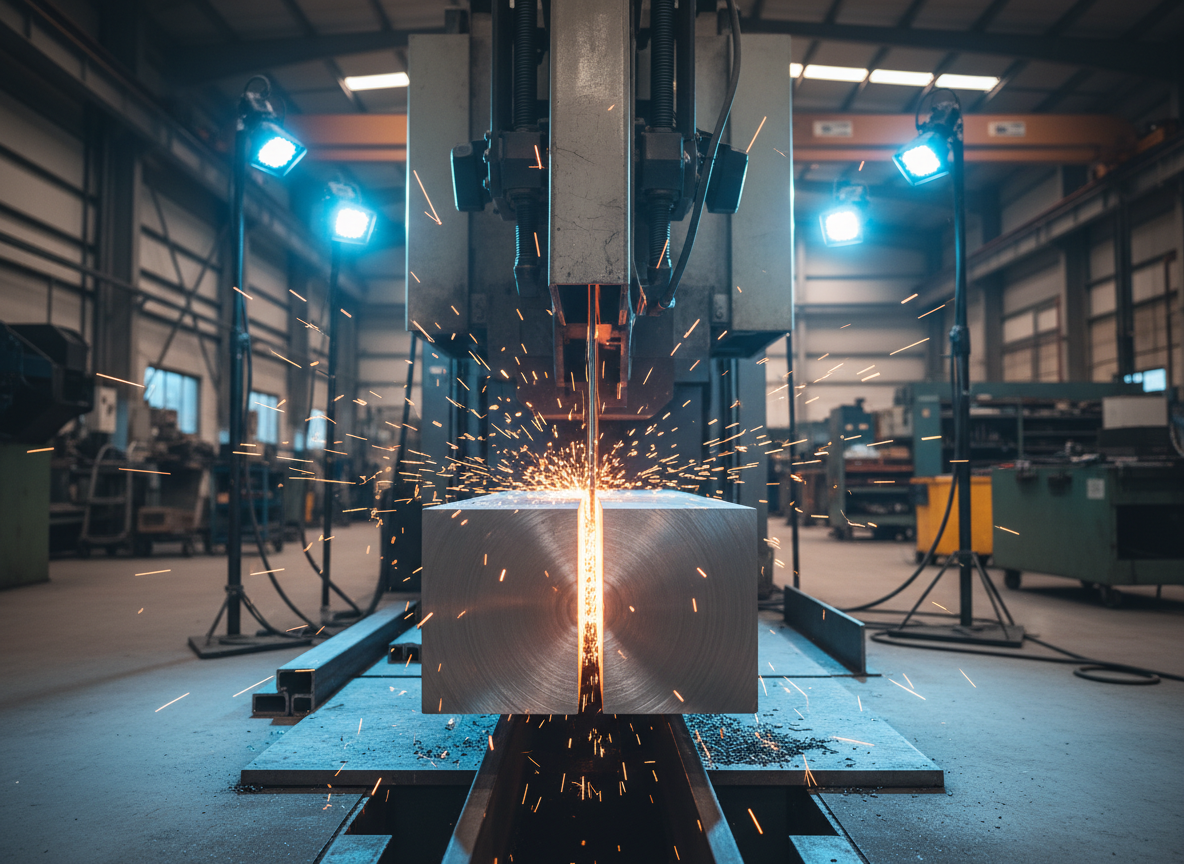 A detailed scene inside a steel cutting area, featuring a heavy-duty industrial cutting saw positioned over a thick steel beam. The beam’s freshly cut edge glows faintly with residual warmth, revealing a smooth, precisely machined cross-section with visible metallic grain. Fine metal shavings and sparks are frozen mid-air near the cutting zone, while the surrounding floor and equipment remain clean and orderly. Cool, focused task lighting illuminates the cutting area, contrasted by softer ambient industrial light in the background. Captured from a low, side angle with moderate depth of field, the composition emphasizes precision, technology, and high-quality service, evoking a modern, efficient metalworking environment without any human presence.