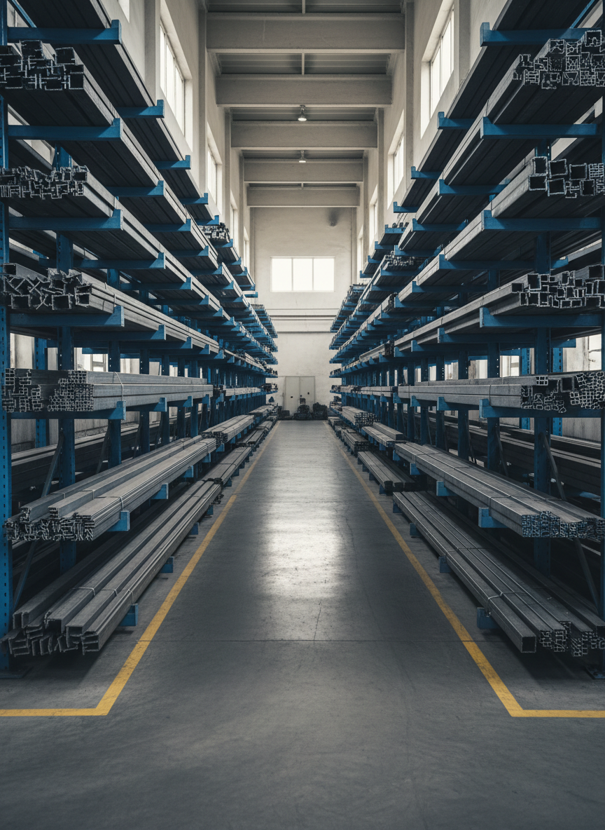 A clean, well-organized industrial warehouse interior filled with neatly stacked steel profiles: H-beams, I-beams, tubes, and corrugated bars arranged on robust metal racks. The metal surfaces display subtle variations of dark gray, silver, and bluish tones, with slightly worn textures that suggest heavy-duty use. Soft daylight filters in through high side windows, creating long, gentle shadows on the smooth concrete floor and catching highlights along the edges of the steel. Photographic realism with an eye-level composition, sharp focus throughout, and a balanced, symmetrical framing conveys professionalism, order, and reliability, perfectly suited for a steel distribution business homepage hero image.