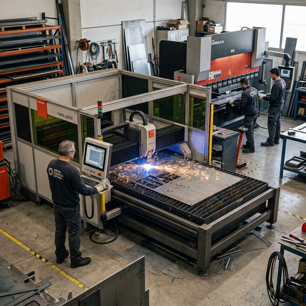 Technicians operating fiber laser cutter and press brake machines in a metal workshop