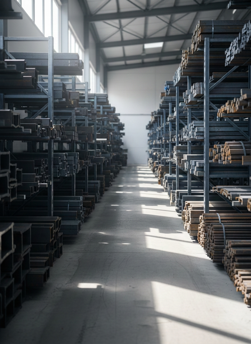 A clean, well-organized industrial warehouse interior filled with neatly stacked steel profiles: H-beams, I-beams, tubes, and corrugated bars arranged on robust metal racks. The metal surfaces display subtle variations of dark gray, silver, and bluish tones, with slightly worn textures that suggest heavy-duty use. Soft daylight filters in through high side windows, creating long, gentle shadows on the smooth concrete floor and catching highlights along the edges of the steel. Photographic realism with an eye-level composition, sharp focus throughout, and a balanced, symmetrical framing conveys professionalism, order, and reliability, perfectly suited for a steel distribution business homepage hero image.