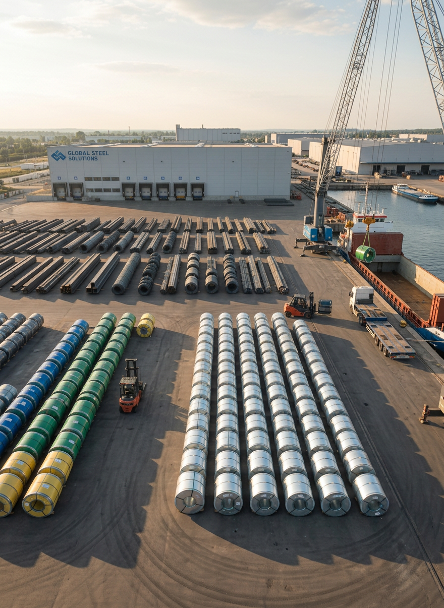 Rows of steel coils in various colors stacked at a shipping dock with cranes and forklifts