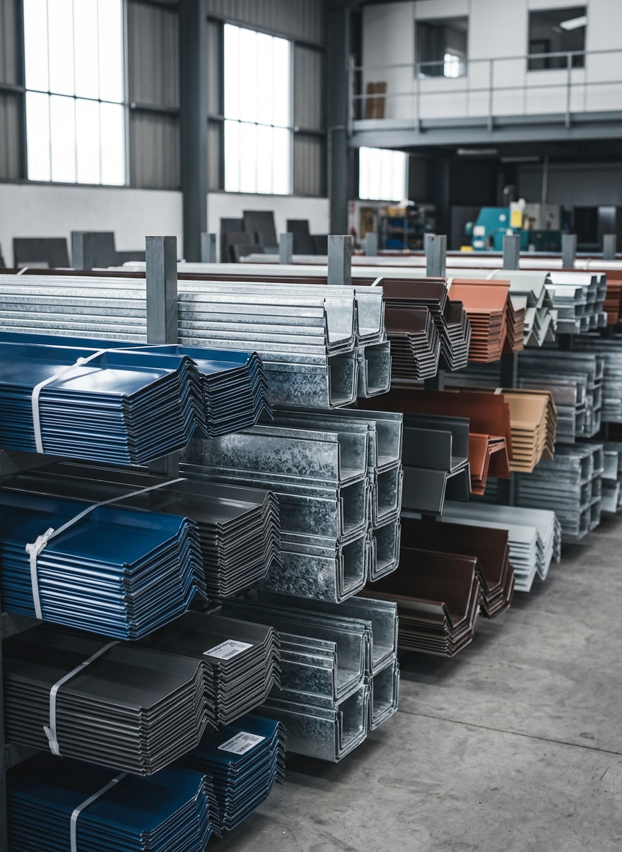 Stacked metal roofing panels in different colors stored on racks in a large warehouse