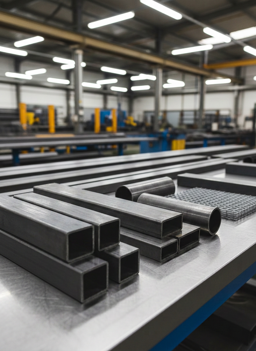 A close-up, photographic-realism view of various steel products laid out on a large, immaculate industrial worktable: thick plates, rectangular hollow sections, round tubes, angle profiles, and wire mesh panels. Each piece shows crisp machined edges, subtle mill marks, and a cold metallic sheen in shades of silver and charcoal. Overhead neutral-white industrial lighting creates clear reflections and precise shadows, emphasizing the geometry and quality of the materials. Captured from a slightly elevated angle with a shallow depth of field, the foreground elements are in razor-sharp focus while the background fades into a soft blur of more neatly stacked steel, creating a technical, professional, and trustworthy atmosphere.