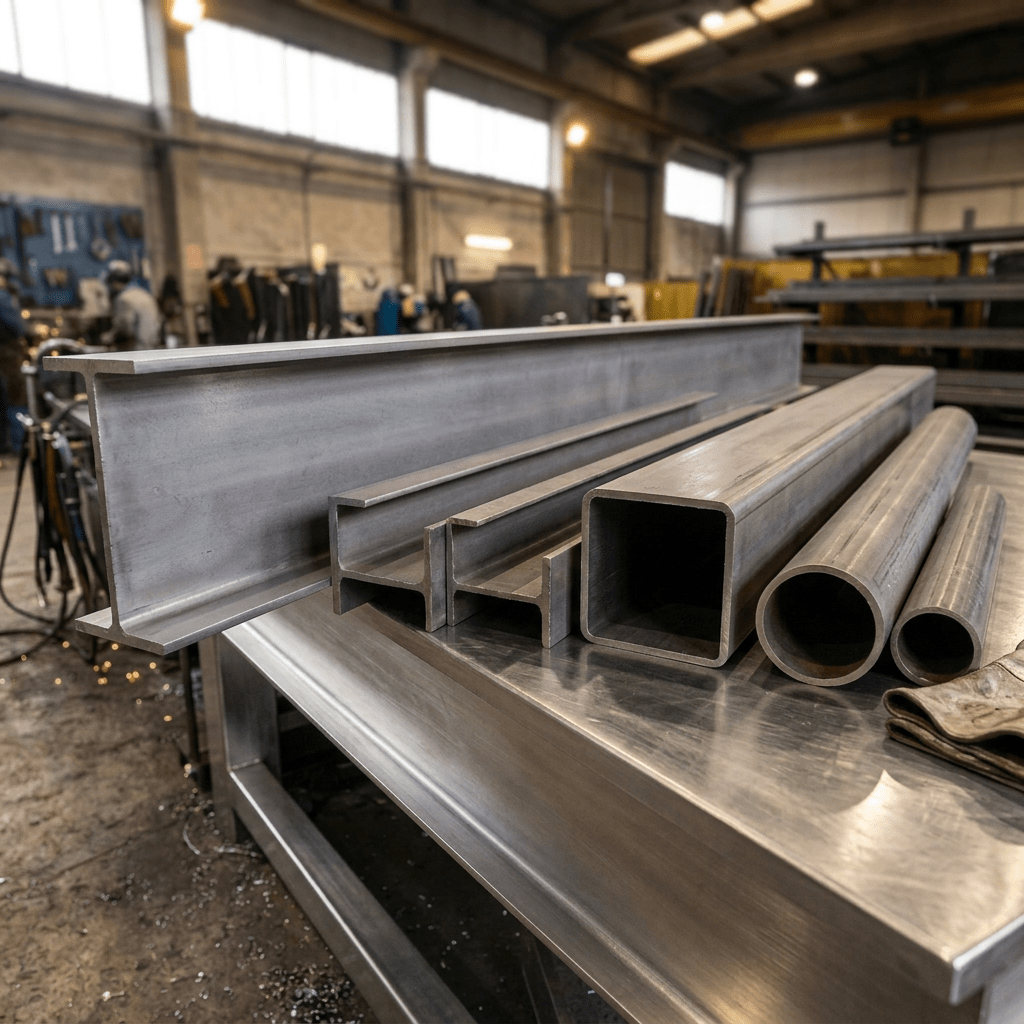 Steel beams and metal tubes on a workshop table with welding in progress in background