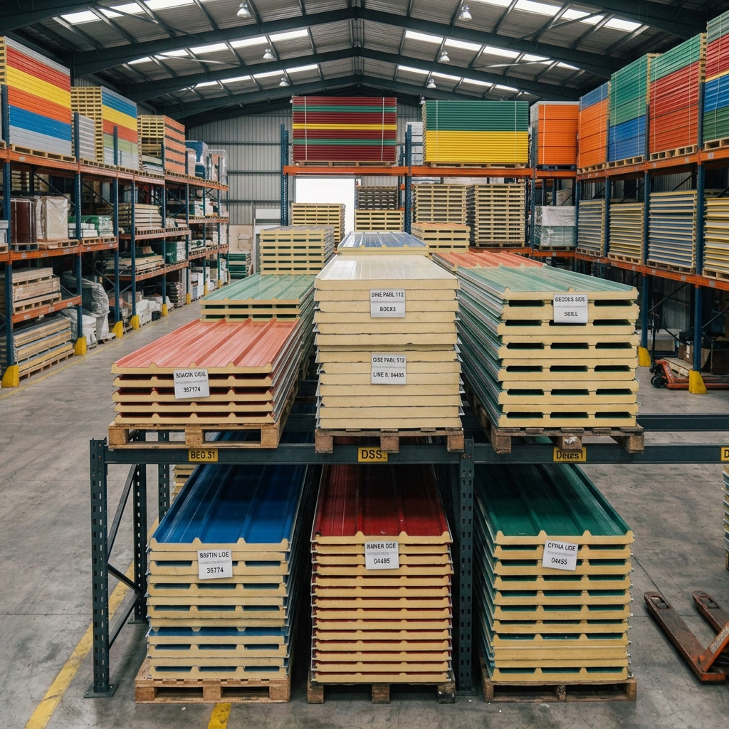 Stacks of colorful insulated panels organized in a spacious industrial warehouse