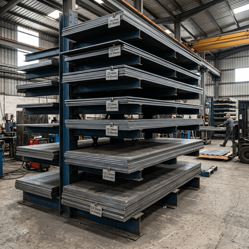 Metal sheets organized on racks with thickness labels in a factory