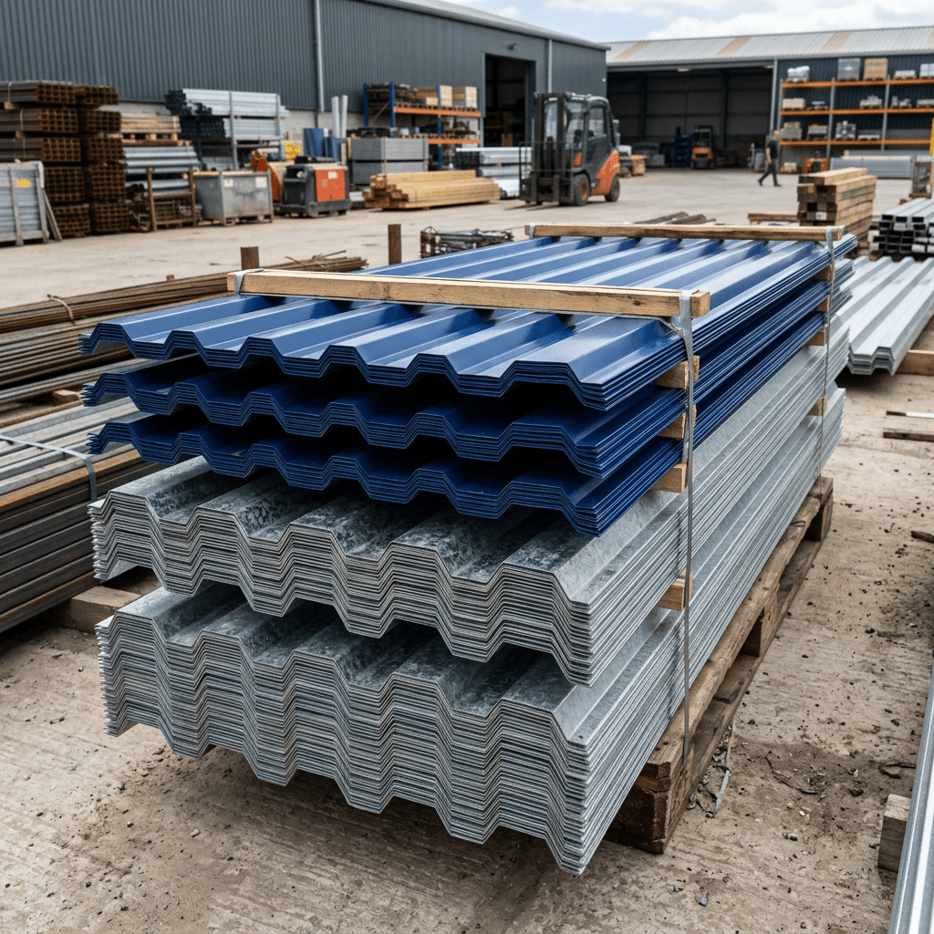 Stacked blue and silver corrugated metal roofing sheets secured with wooden braces and metal straps
