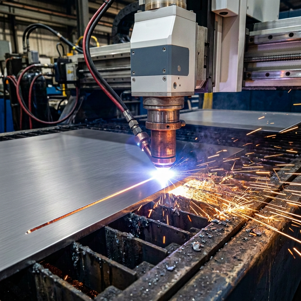 Laser cutting machine engraving a line on metal with sparks flying