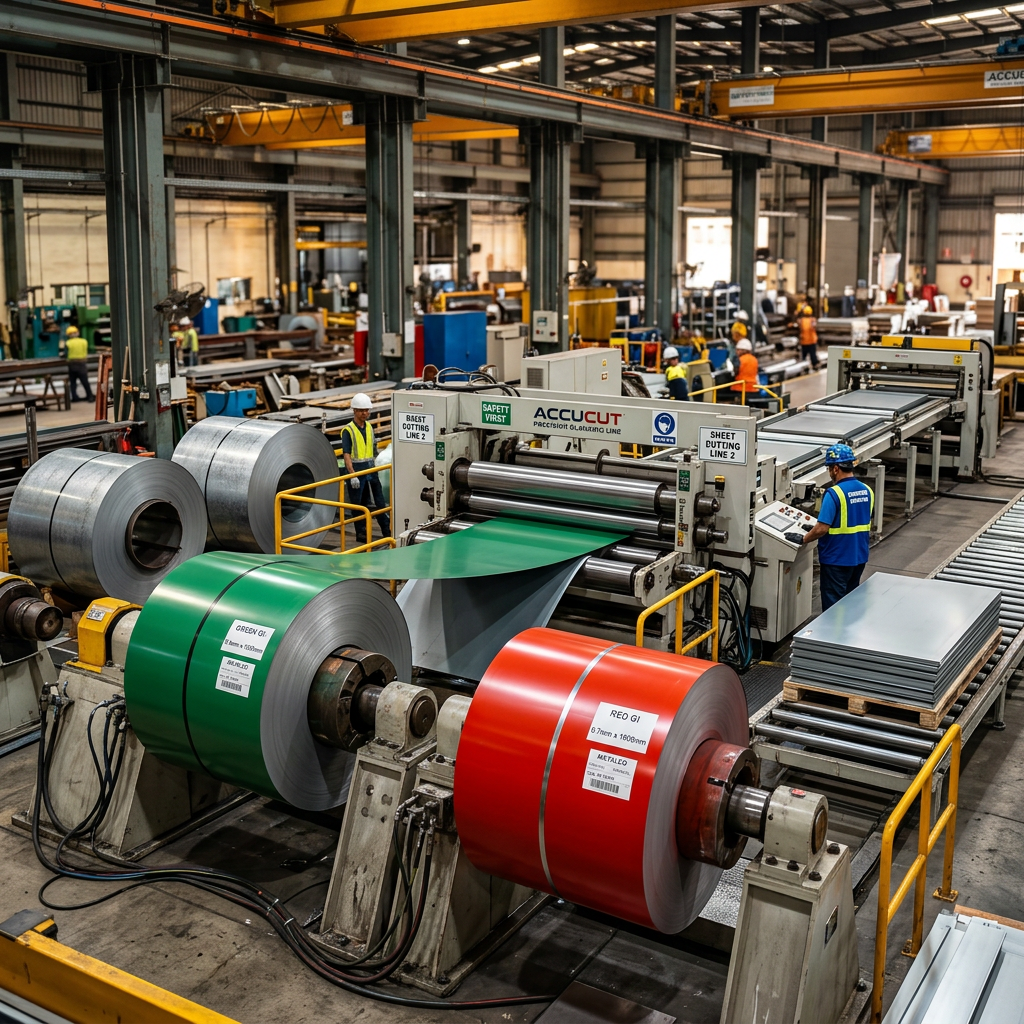 Steel coils feeding into an automated sheet cutting machine with workers operating the equipment
