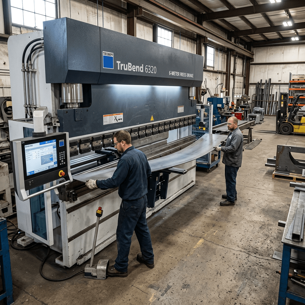 Two workers bending a large metal sheet using a TruBend 6320 press brake machine in a workshop.