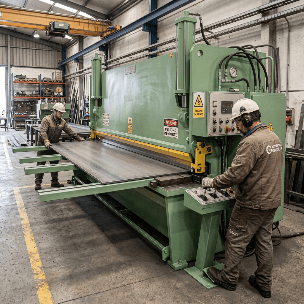 Two workers wearing safety helmets operate a metal sheet cutting machine in an industrial workshop