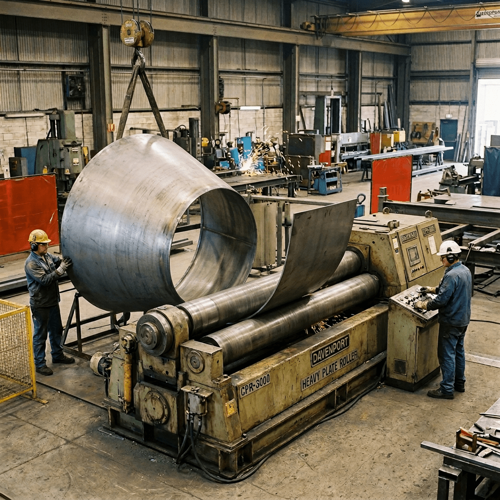 Two workers operating a Davenport heavy plate roller machine shaping a large curved metal piece
